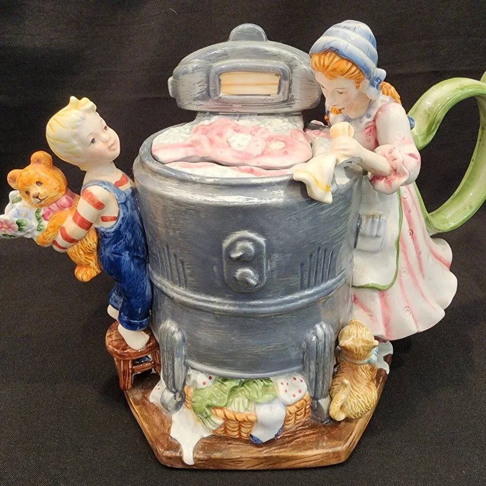 Vintage Ceramic Teapot Old Fashioned Ringer Washer Mom and Son, Rare